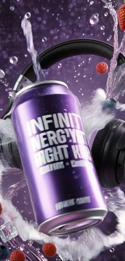 Purple energy drink with headphones and splashing water.