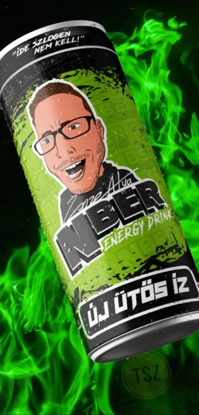 Green energy drink can with artistic fire effect wallpaper.