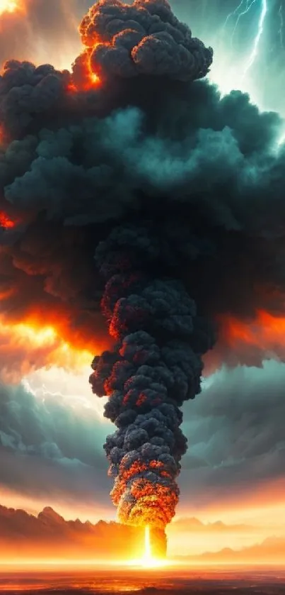 Vibrant volcanic eruption with fiery clouds and vivid sky.