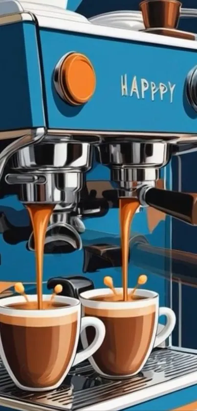Cartoon-style espresso machine with colorful design.