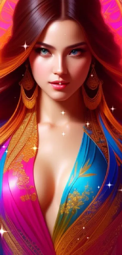 Vibrant and ethereal portrait with colorful intricate patterns.