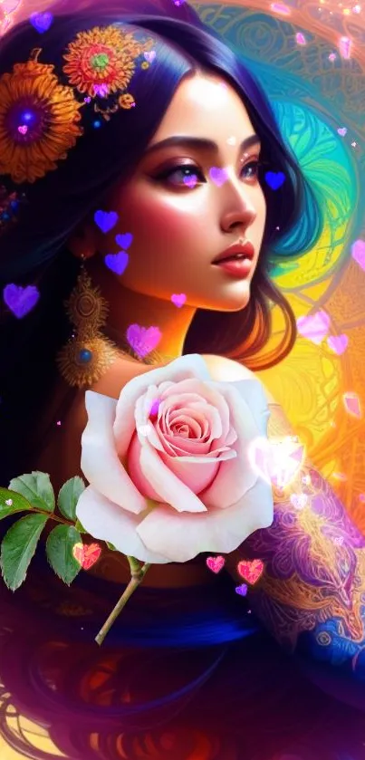 Mystical woman with flowers and hearts in vibrant colors.