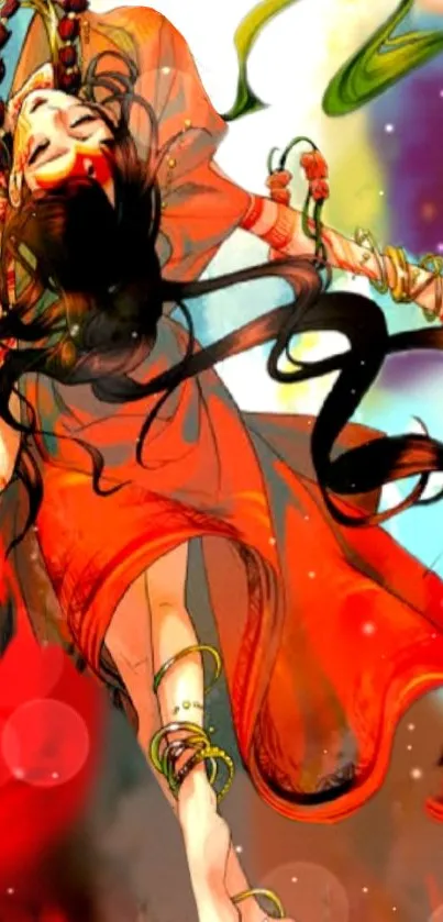 Anime character in a flowing red dress with dynamic colors.