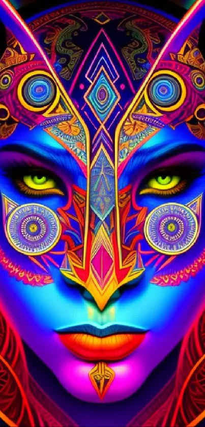 Colorful ethereal face with neon shapes on a vibrant wallpaper.