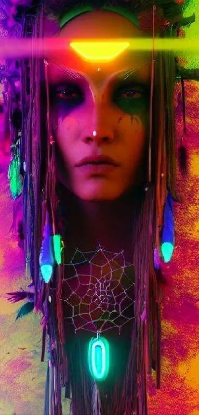 Ethereal neon art portrait with vibrant colors.