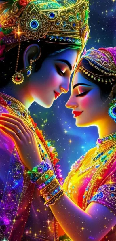 Romantic embrace in vibrant cosmic art