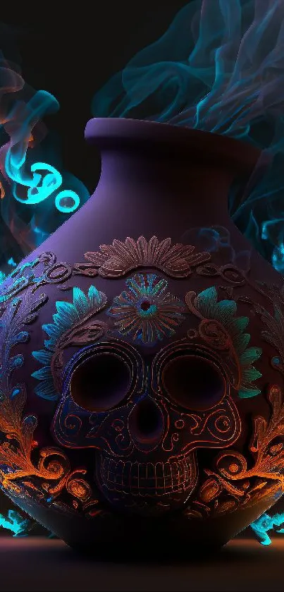 Ethereal skull vase with vibrant colors and smoke art.