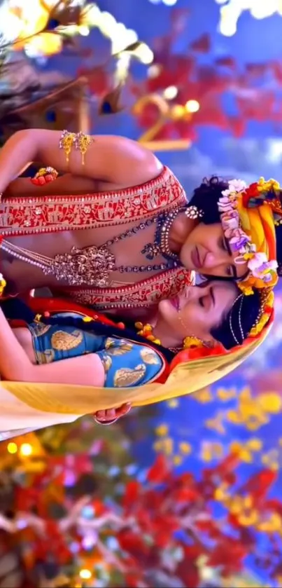 Two individuals in vibrant traditional attire embracing in a colorful setting.