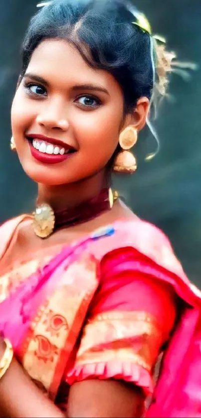 Vibrant ethnic portrait of a smiling woman wearing traditional attire.