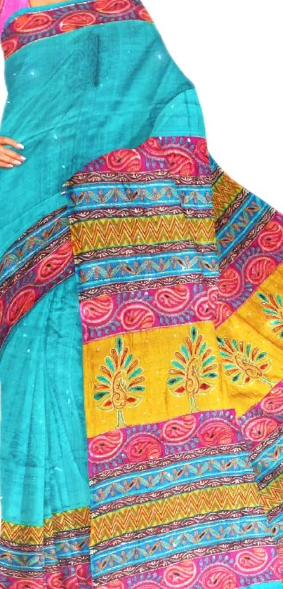 Colorful turquoise saree with pink and yellow patterns.