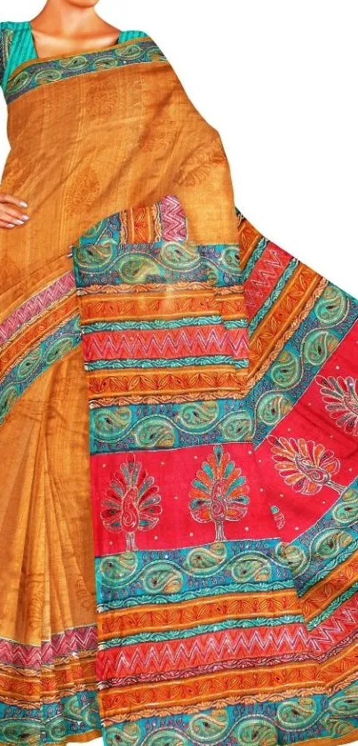 Golden saree with colorful ethnic patterns displaying Indian heritage.