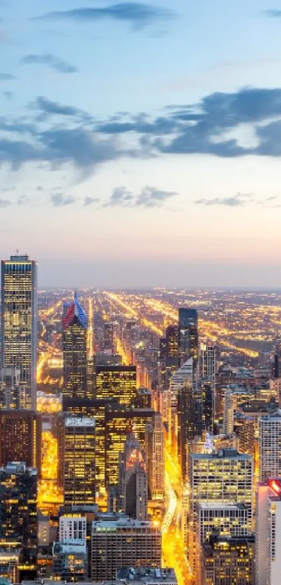 Vibrant cityscape at dusk with glowing city lights.