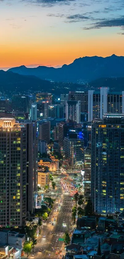 Vibrant cityscape with skyscrapers at dusk, under a dramatic sky.