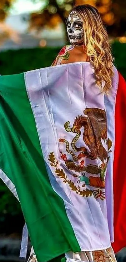 Masked figure with Mexican flag in serene evening garden setting.