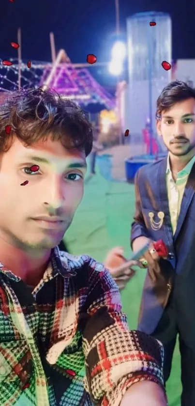 Two men at a vibrant evening party capturing a selfie.