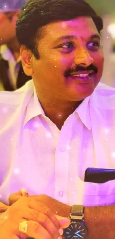 Smiling man in white shirt under warm purple lighting.