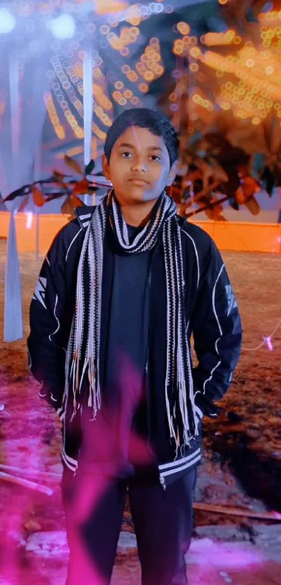 A young person standing outdoors at night surrounded by vibrant colors and lights.