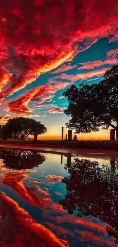 Vivid red sunset sky reflecting in water with trees silhouetted.