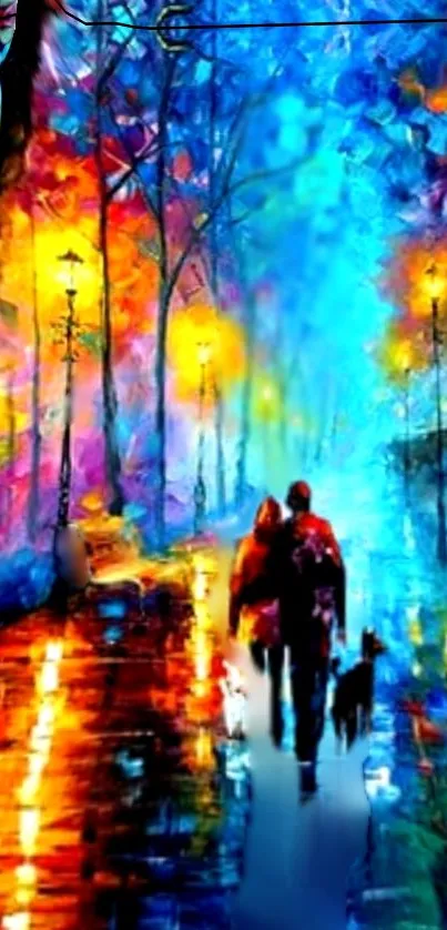 Colorful night scene with a couple walking under vibrant streetlamps.