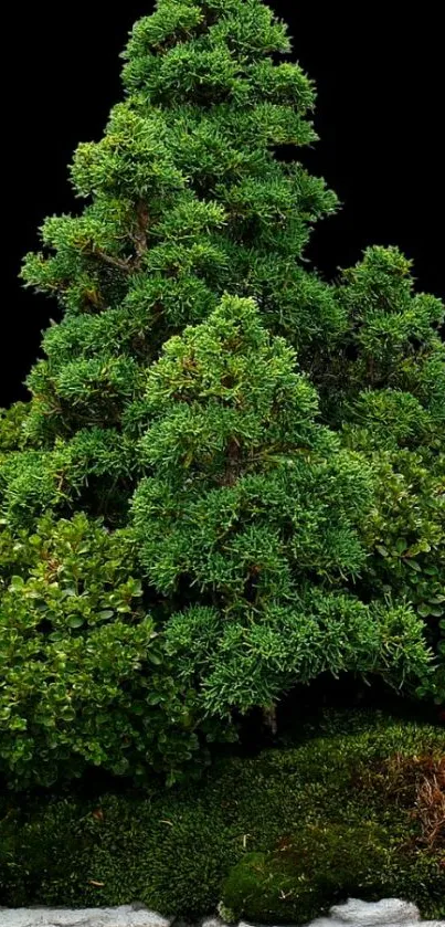 Lush evergreen bonsai tree on black background mobile wallpaper.