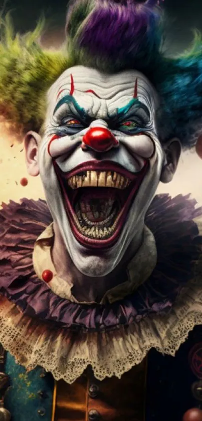 Colorful evil clown wallpaper with vibrant details and dark tones for mobile.