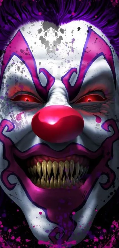 Evil clown face with vibrant colors and menacing expression.