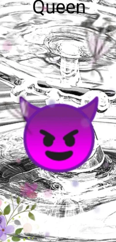 Bright purple devil emoji with floral accents on a swirling black and white background.