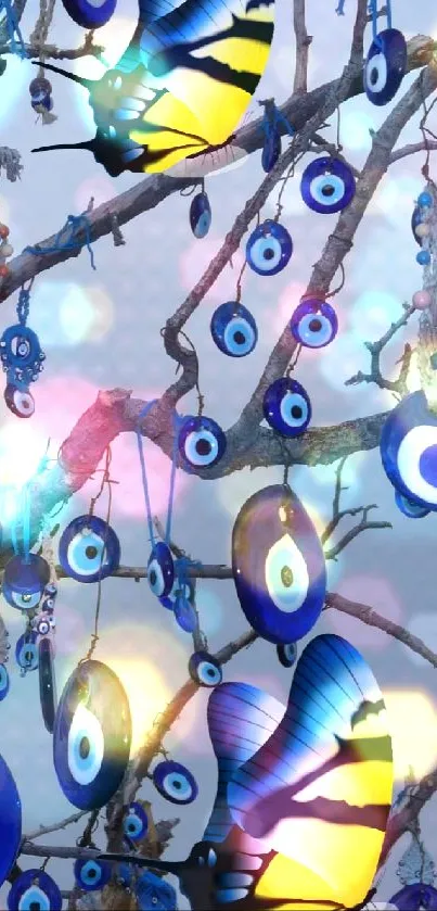 Mobile wallpaper featuring blue evil eyes and colorful butterflies on branches.