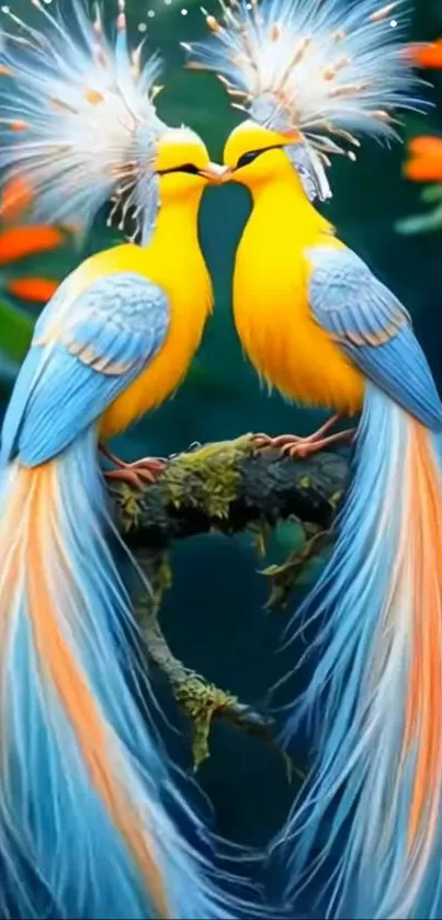 Vibrant wallpaper of two colorful, exotic birds perched closely.