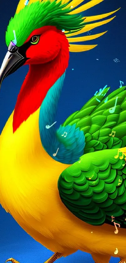 Vibrant exotic bird on blue background wallpaper.