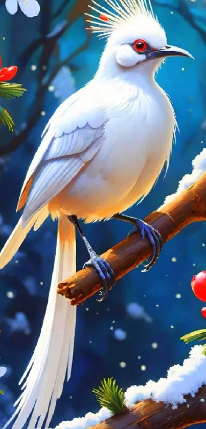 Exotic white bird perched on snowy branch scene
