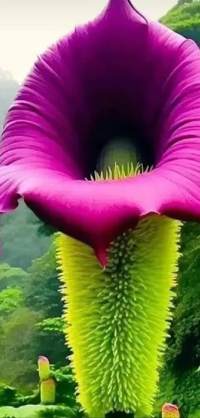 Vibrant pink exotic flower in lush green forest.