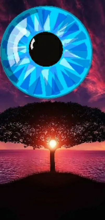 Vibrant blue eye over silhouetted tree at sunset.