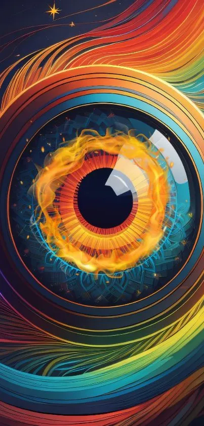 Abstract fiery eye with vibrant colors and swirling patterns for mobile wallpaper.