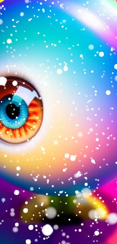 Vibrant abstract wallpaper with a colorful eye design and snowy effect.