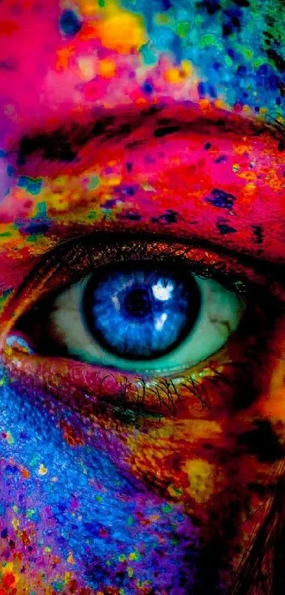 Vibrant abstract wallpaper with a blue eye and colorful face paint pattern.