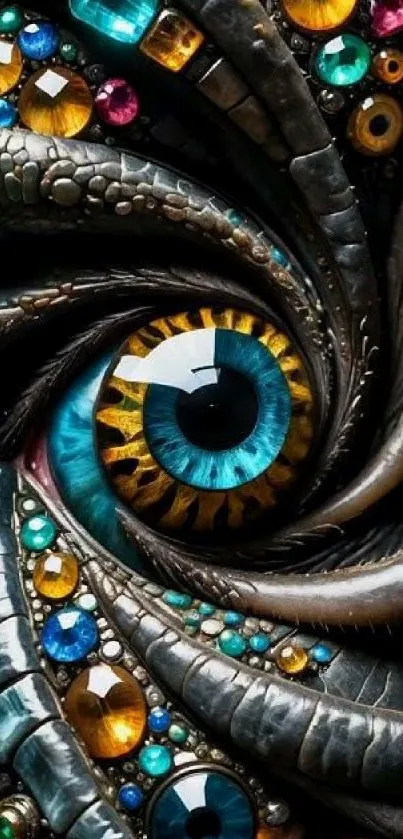 Intricate jeweled eye with vibrant colors.