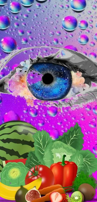 Surreal eye and fruits with a vibrant gradient background.