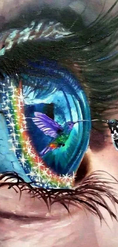 Colorful artistic eye with a hummingbird in vibrant blue tones.