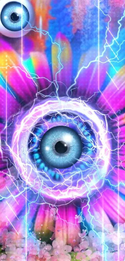 Surreal eye with vibrant petals in electric colors.