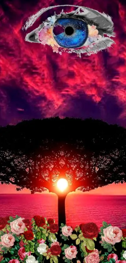 Surreal wallpaper with blue eye over a sunset and tree silhouette scene.