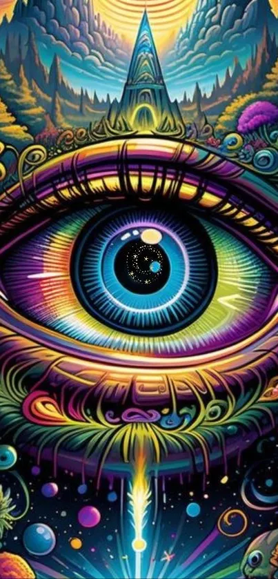 Psychedelic eye art wallpaper with vibrant colors and cosmic details.