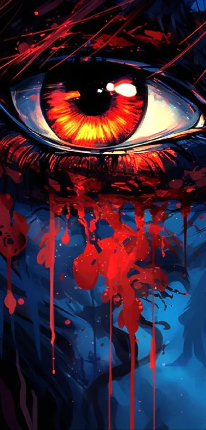 Abstract artwork with vibrant red eye and blue background.