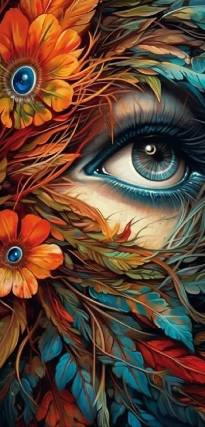 Colorful eye art with flowers and leaves on a phone wallpaper.