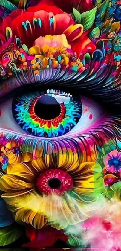 Vibrant eye art with colorful floral design.
