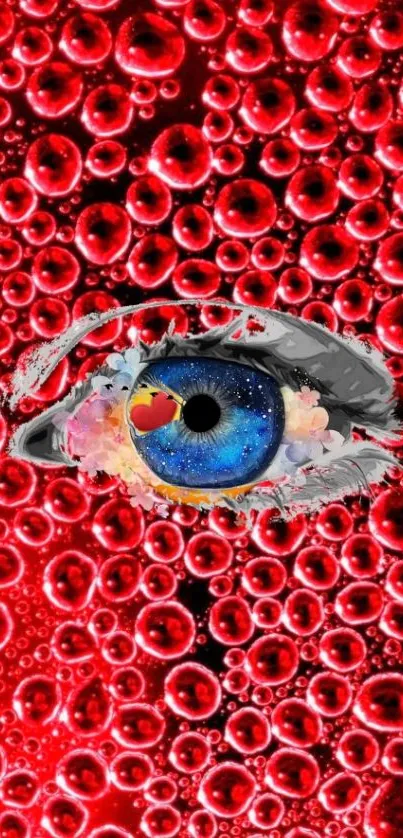 Artistic eye with red bubbles wallpaper.