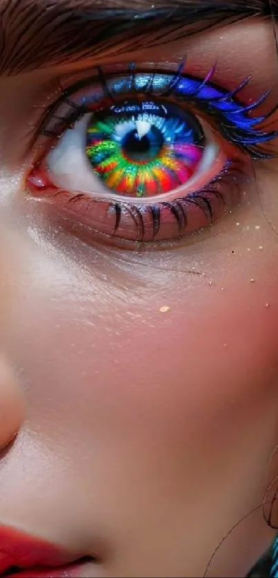 Close-up of a vibrant and colorful eye with rainbow hues and blue lashes.