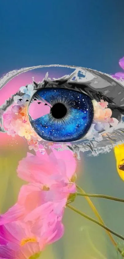 Galaxy-themed eye with vibrant flowers wallpaper.