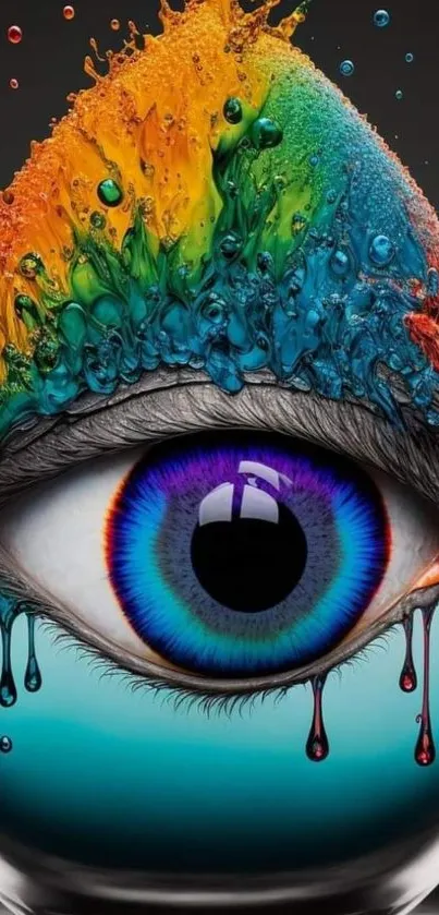 Colorful abstract eye with vibrant paint splashes, perfect for creative mobile wallpaper.