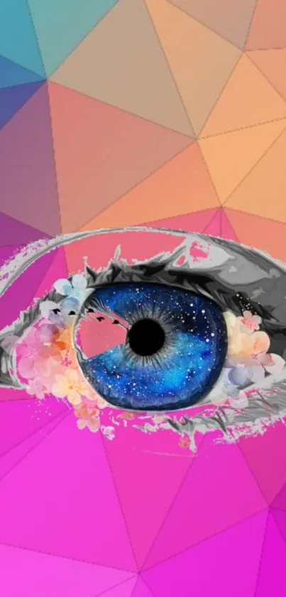 Colorful eye art with floral and galaxy elements on a geometric background.